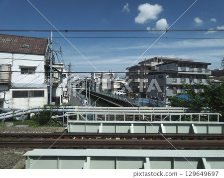 A view from the train window of an everyday landscape of waterways and houses A view from the train window of an everyday landscape of waterways and houses 129649697
