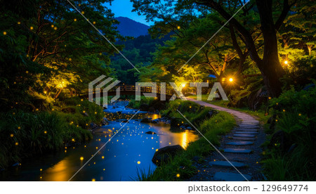 Firefly light and a bridge over the river 129649774