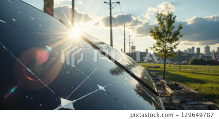 Quantum Light Harvest Specialized photography of photovoltaic surfaces creating abstract geometric patterns in trending solarpunk aesthetic without contextual landscape. Macro 129649787