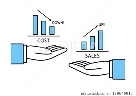 Illustration of a businessman's hand holding up a bar graph of cost reduction and sales increase Illustration of a businessman's hand holding up a bar graph of cost reduction and sales increase 129649913
