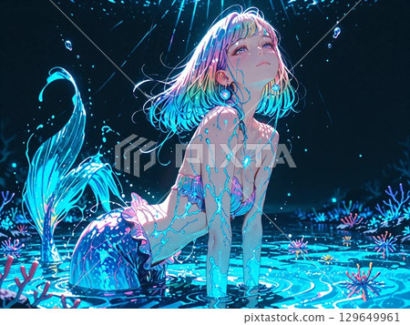 漂浮在藍色大海的美人魚女孩 129649961