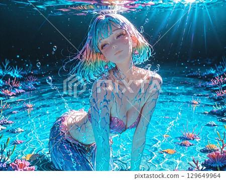 漂浮在藍色大海的美人魚女孩 129649964