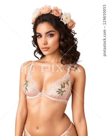 A dreamy bridal lingerie set in blush pink with intricate hand-embroidery of micropearls and tourmaline stones. The bralette features fine 129650055