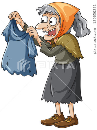 Elderly Woman Holding Tattered Cloth with Enthusiasm 129650221
