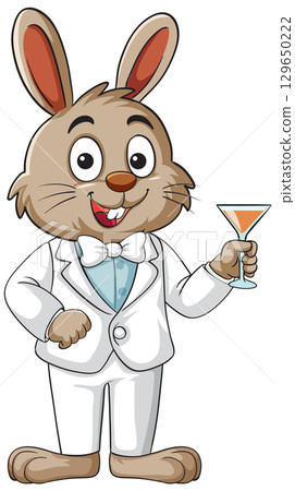Cartoon Bunny in White Suit Holding Cocktail Glass Cartoon Bunny in White Suit Holding Cocktail Glass 129650222