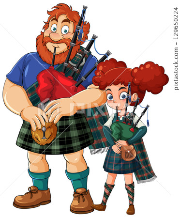 Scottish Man and Girl Playing Bagpipes in Kilts 129650224