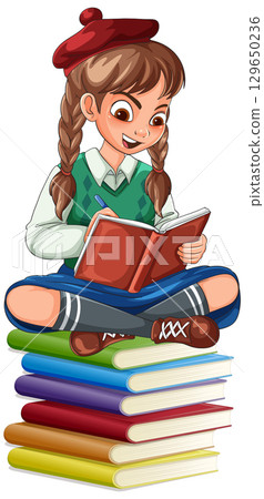 Girl Writing in Notebook While Sitting on Books Girl Writing in Notebook While Sitting on Books 129650236