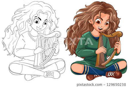 Curly-Haired Girl Playing Celtic Harp Illustration 129650238