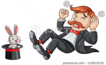 Magician Falling Backward as Rabbit Emerges from Hat 129650239