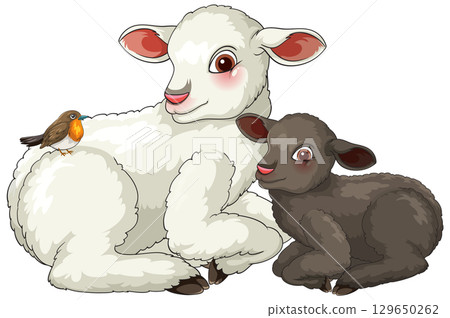 White and Black Lambs Resting with Robin Bird White and Black Lambs Resting with Robin Bird 129650262