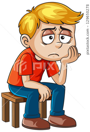 Bored Child Sitting on a Wooden Stool Bored Child Sitting on a Wooden Stool 129650278