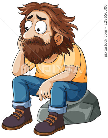 Thoughtful Bearded Man Sitting on a Rock Thoughtful Bearded Man Sitting on a Rock 129650300