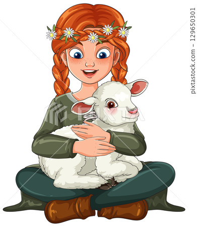Red-Haired Girl Sitting Cross-Legged Holding Lamb 129650301