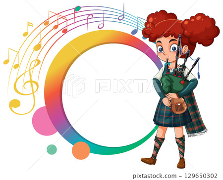 Scottish Girl Playing Bagpipes with Colorful Music Notes 129650302