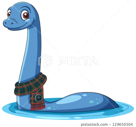 Cartoon Loch Ness Monster Wearing Tartan Scarf in Water 129650304