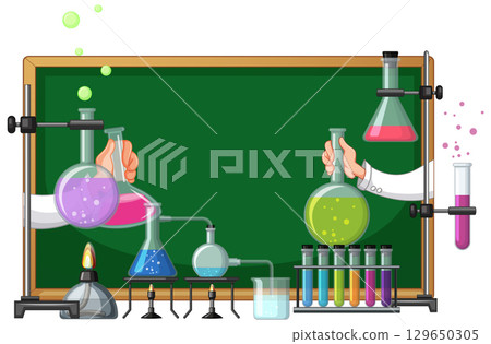 Hands Mixing Colorful Chemicals in Science Laboratory 129650305