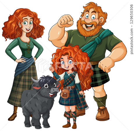 Scottish Family in Traditional Plaid with Highland Cow Scottish Family in Traditional Plaid with Highland Cow 129650306