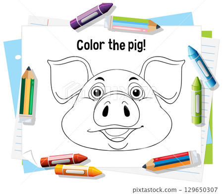 Colorful Pig Coloring Page for Kids 129650307