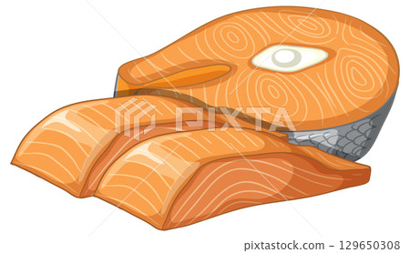 Vector Illustration of Salmon Steak and Sliced Fillets 129650308