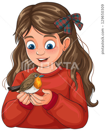 Young Girl Gently Holding a Robin Bird 129650309