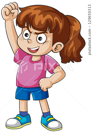 Confident Cartoon Girl Raising Fist in Victory 129650313