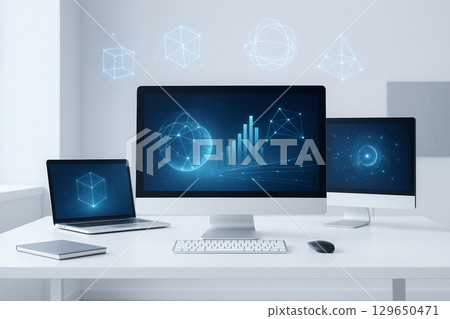 Futuristic minimalist office: A digital workspace featuring PC monitors and holograms 129650471
