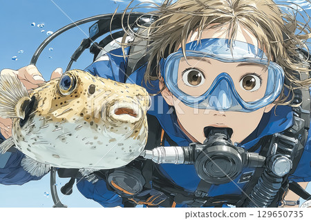 一名女潛水員戳河豚 129650735