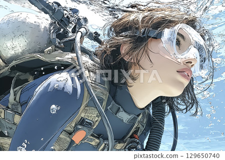 Miyu 系列：不使用調節器游泳的女潛水員，側面 129650740