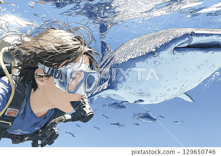 Miyu Series: Female diver swimming with whale sharks 129650746