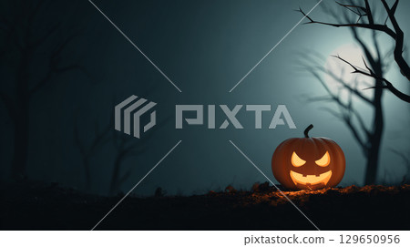 Minimalist Halloween Night Scene with Scary Pumpkin Silhouette. Generative AI 129650956
