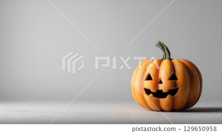 Minimalist Halloween Scene with Scary Pumpkin on White Background. Generative AI 129650958