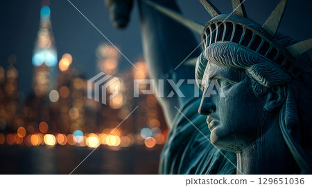 Close-Up Night View of Statue of Liberty with New York City Skyline. Generative AI Close-Up Night View of Statue of Liberty with New York City Skyline. Generative AI 129651036