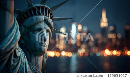 Close-Up Night View of Statue of Liberty with New York City Skyline. Generative AI Close-Up Night View of Statue of Liberty with New York City Skyline. Generative AI 129651037