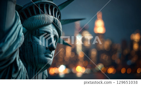 Close-Up Night View of Statue of Liberty with New York City Skyline. Generative AI Close-Up Night View of Statue of Liberty with New York City Skyline. Generative AI 129651038