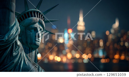 Close-Up Night View of Statue of Liberty with New York City Skyline. Generative AI Close-Up Night View of Statue of Liberty with New York City Skyline. Generative AI 129651039