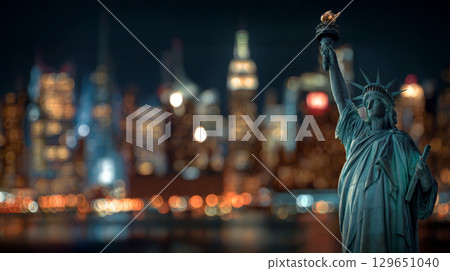 Close-Up Night View of Statue of Liberty with New York City Skyline. Generative AI Close-Up Night View of Statue of Liberty with New York City Skyline. Generative AI 129651040