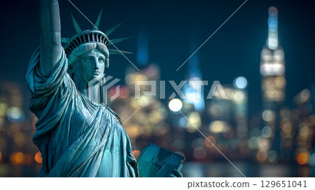 Close-Up Night View of Statue of Liberty with New York City Skyline. Generative AI 129651041