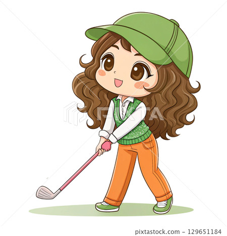 Cute anime chibi girl with long wavy brown hair holding a golf club 129651184
