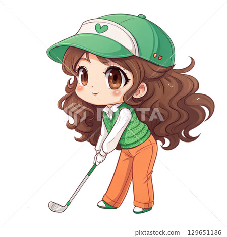 Cute anime chibi girl with long wavy brown hair holding a golf club 129651186