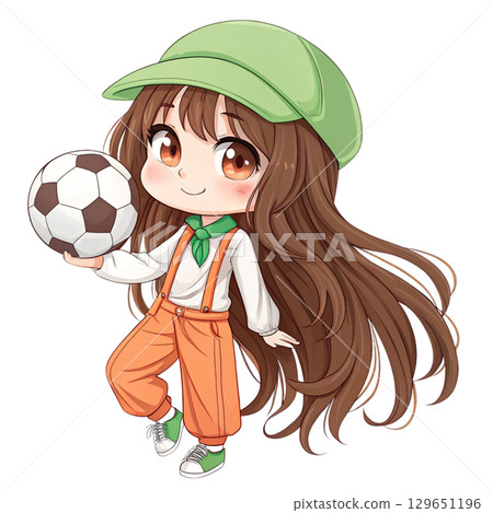 Cute anime chibi girl with long wavy brown hair holding a soccer ball 129651196