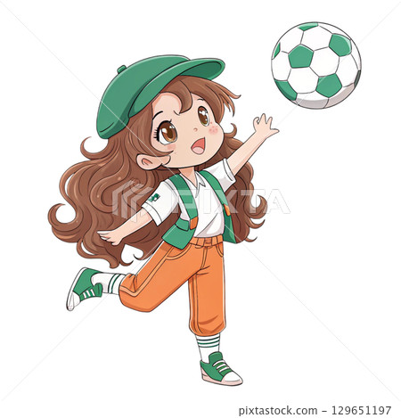 Cute anime chibi girl with long wavy brown hair holding a soccer ball 129651197