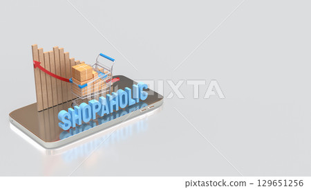 The Shopping Cart and Box on mobile for shopaholic concept 3d Rendering. The Shopping Cart and Box on mobile for shopaholic concept 3d Rendering. 129651256
