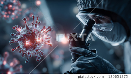 Scientist in Hazmat Suit Examining Dangerous Virus with Advanced Lens Technology. Generative AI 129651275
