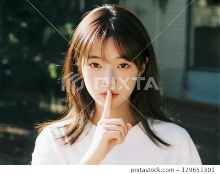 Woman with finger on lips 129651301