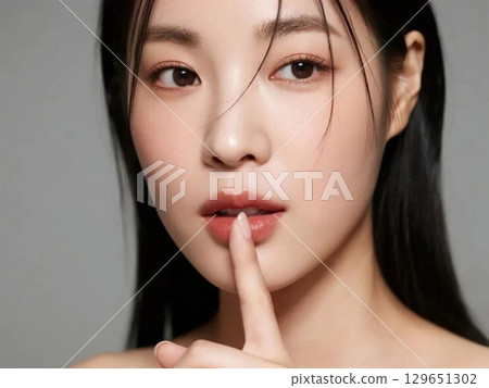 Woman with finger on lips 129651302