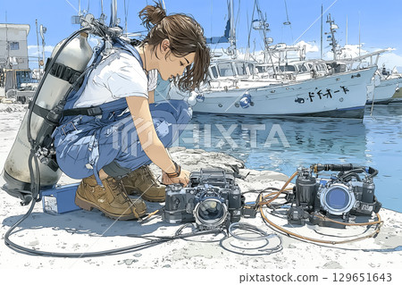 Female diver preparing for underwater photography Female diver preparing for underwater photography 129651643