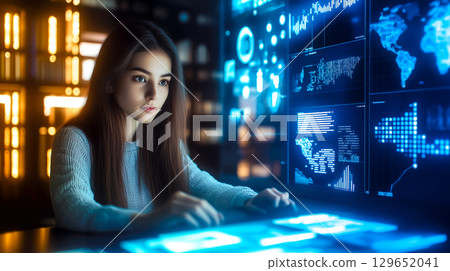 A woman uses a holographic screen display. The concept of futuristic technology, digital interaction, and innovation. Generative AI. 129652041