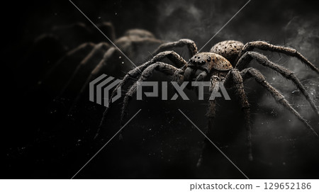 Close-up of menacing spider with hairy legs on dark background, dramatic lighting 129652186
