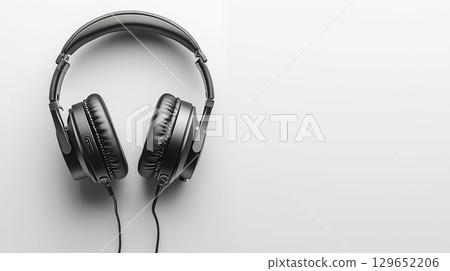 A high-quality pair of black over-ear headphones resting on a pristine white surface. The image depicts a sleek and modern design 129652206