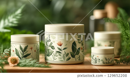 Botanical-themed candle containers with floral designs, natural product packaging 129652208